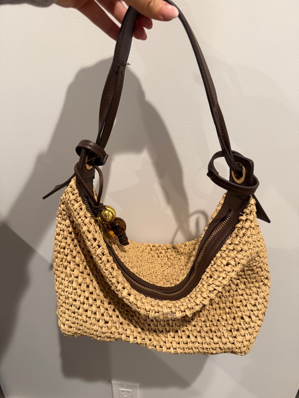 Woven Straw Shoulder Bag with Brown Leather Trim